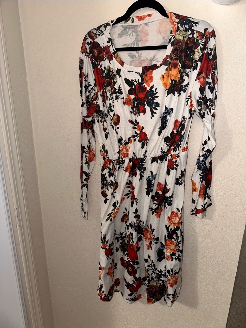 Floral Long-Sleeve White Dress with Orange & Red Blooms